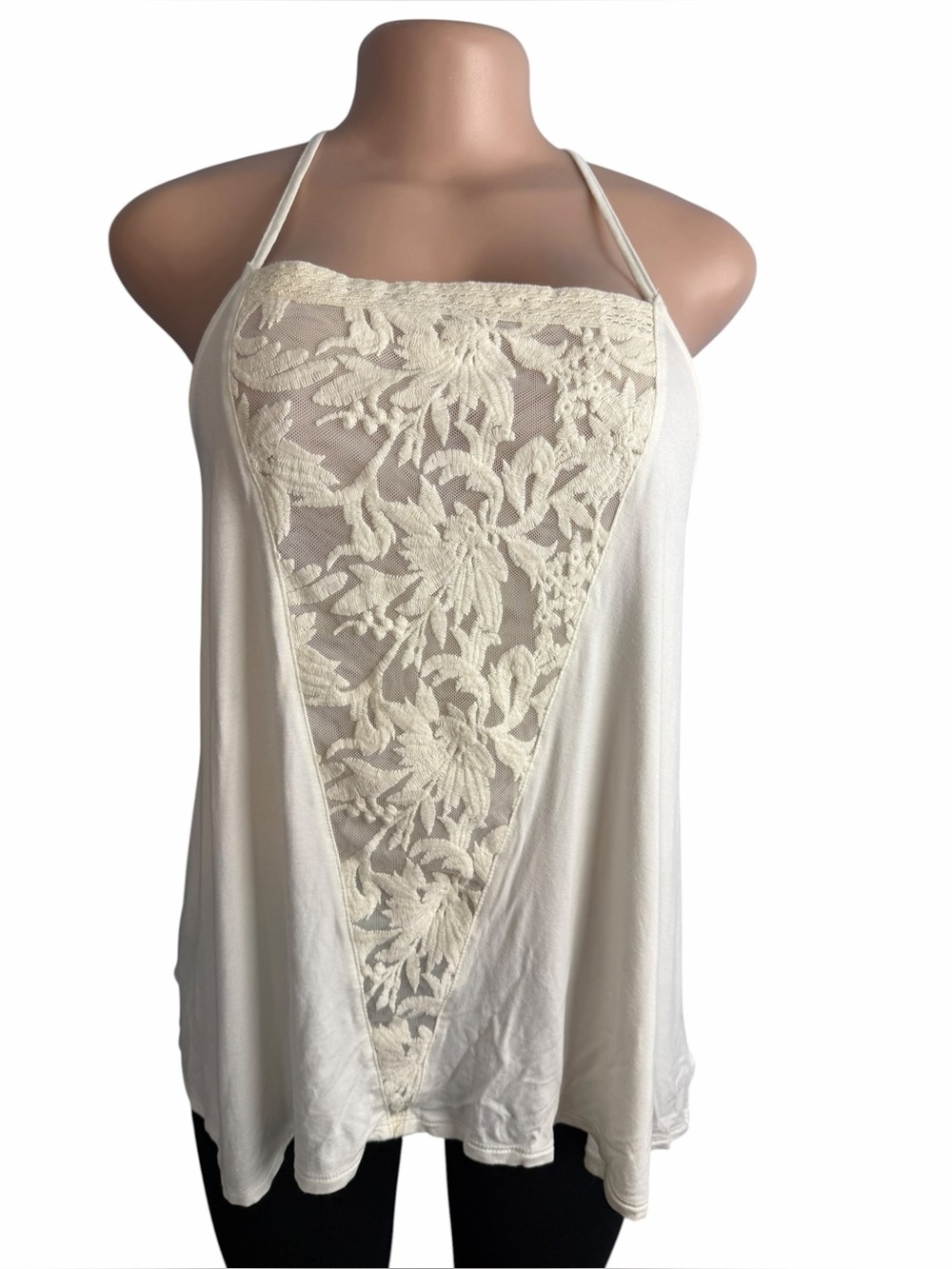American Eagle Cream Lace-Panel Halter Tank Top